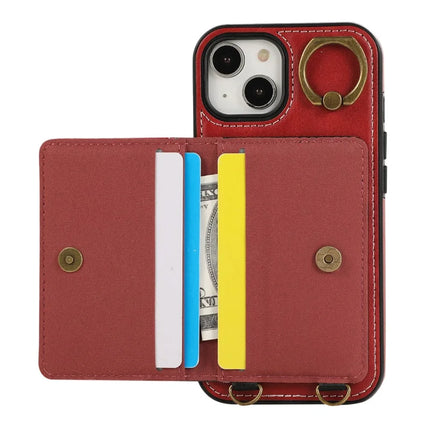 For iPhone 14 PU Leather Back Case Card Holder Kickstand Phone Cover with Wrist Strap
