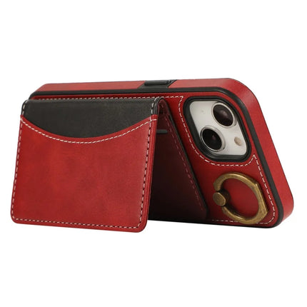 For iPhone 14 PU Leather Back Case Card Holder Kickstand Phone Cover with Wrist Strap