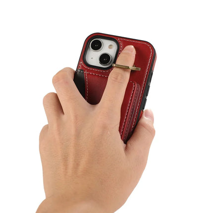 For iPhone 14 PU Leather Back Case Card Holder Kickstand Phone Cover with Wrist Strap