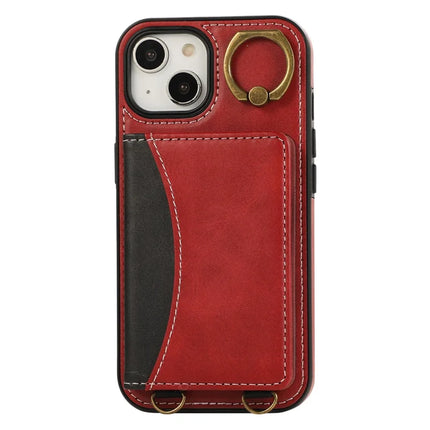 For iPhone 14 PU Leather Back Case Card Holder Kickstand Phone Cover with Wrist Strap