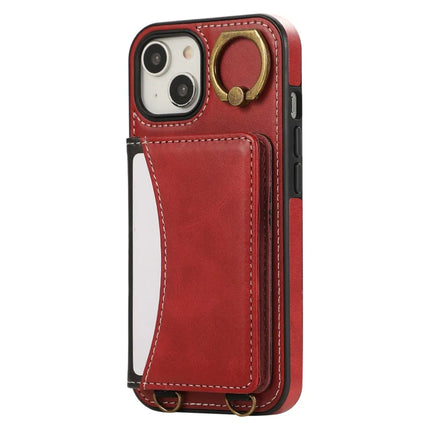 For iPhone 14 PU Leather Back Case Card Holder Kickstand Phone Cover with Wrist Strap