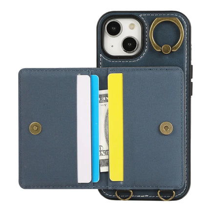 For iPhone 14 PU Leather Back Case Card Holder Kickstand Phone Cover with Wrist Strap