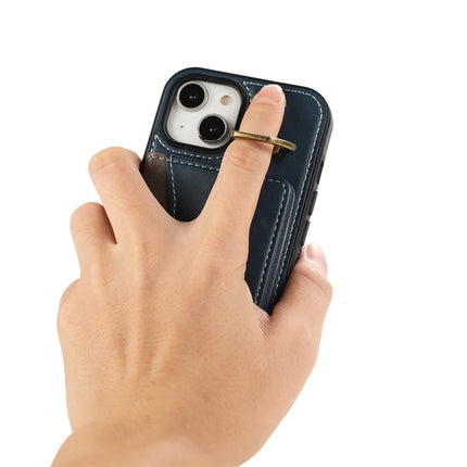 For iPhone 14 PU Leather Back Case Card Holder Kickstand Phone Cover with Wrist Strap