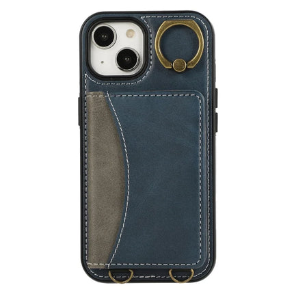 For iPhone 14 PU Leather Back Case Card Holder Kickstand Phone Cover with Wrist Strap