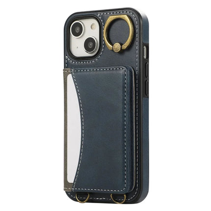 For iPhone 14 PU Leather Back Case Card Holder Kickstand Phone Cover with Wrist Strap