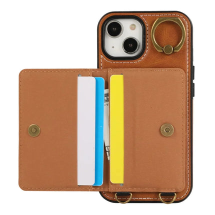 For iPhone 14 PU Leather Back Case Card Holder Kickstand Phone Cover with Wrist Strap