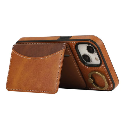 For iPhone 14 PU Leather Back Case Card Holder Kickstand Phone Cover with Wrist Strap