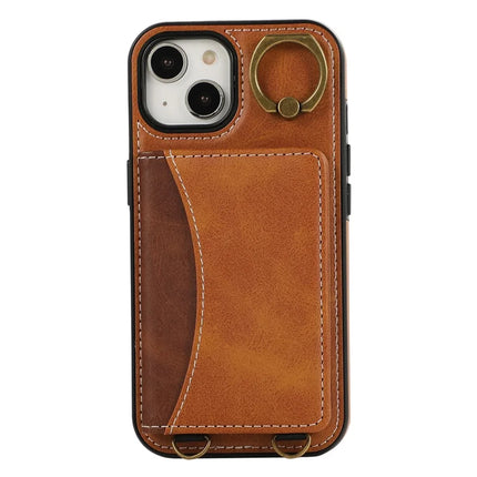 For iPhone 14 PU Leather Back Case Card Holder Kickstand Phone Cover with Wrist Strap