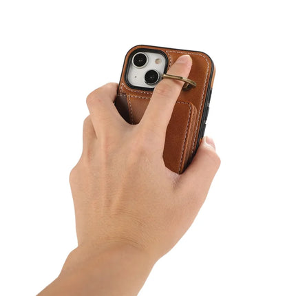 For iPhone 14 PU Leather Back Case Card Holder Kickstand Phone Cover with Wrist Strap