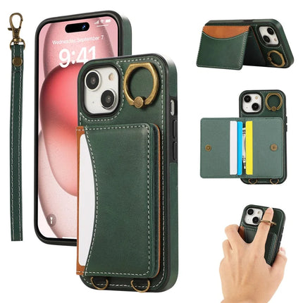 For iPhone 14 PU Leather Back Case Card Holder Kickstand Phone Cover with Wrist Strap - Green