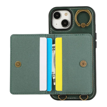 For iPhone 14 PU Leather Back Case Card Holder Kickstand Phone Cover with Wrist Strap