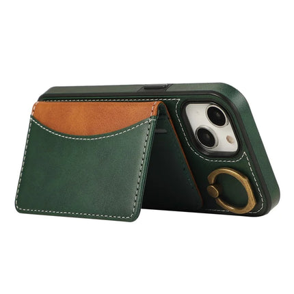 For iPhone 14 PU Leather Back Case Card Holder Kickstand Phone Cover with Wrist Strap