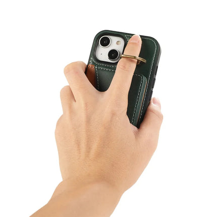 For iPhone 14 PU Leather Back Case Card Holder Kickstand Phone Cover with Wrist Strap