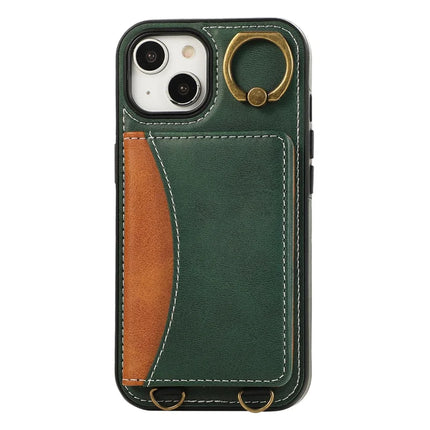 For iPhone 14 PU Leather Back Case Card Holder Kickstand Phone Cover with Wrist Strap