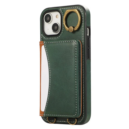 For iPhone 14 PU Leather Back Case Card Holder Kickstand Phone Cover with Wrist Strap