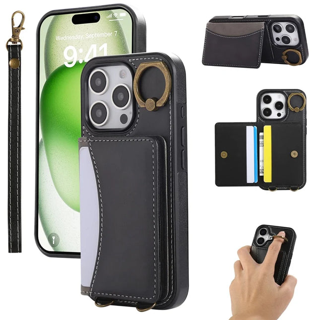 For iPhone 16 Pro Max PU Leather Back Case Card Holder Kickstand Phone Cover with Wrist Strap - Black