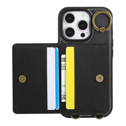 For iPhone 16 Pro Max PU Leather Back Case Card Holder Kickstand Phone Cover with Wrist Strap