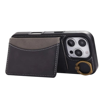 For iPhone 16 Pro Max PU Leather Back Case Card Holder Kickstand Phone Cover with Wrist Strap