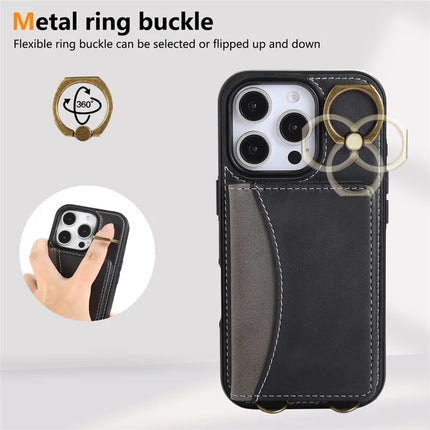 For iPhone 16 Pro Max PU Leather Back Case Card Holder Kickstand Phone Cover with Wrist Strap