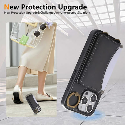 For iPhone 16 Pro Max PU Leather Back Case Card Holder Kickstand Phone Cover with Wrist Strap