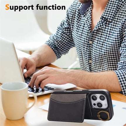 For iPhone 16 Pro Max PU Leather Back Case Card Holder Kickstand Phone Cover with Wrist Strap