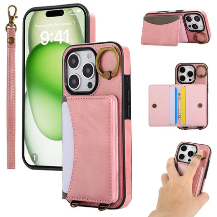 For iPhone 16 Pro Max PU Leather Back Case Card Holder Kickstand Phone Cover with Wrist Strap - Pink