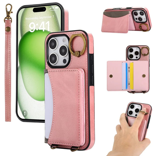 For iPhone 16 Pro Max PU Leather Back Case Card Holder Kickstand Phone Cover with Wrist Strap - Pink