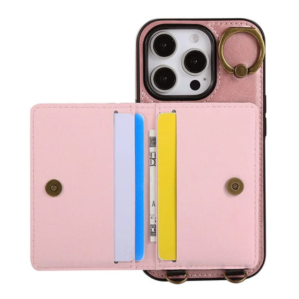 For iPhone 16 Pro Max PU Leather Back Case Card Holder Kickstand Phone Cover with Wrist Strap