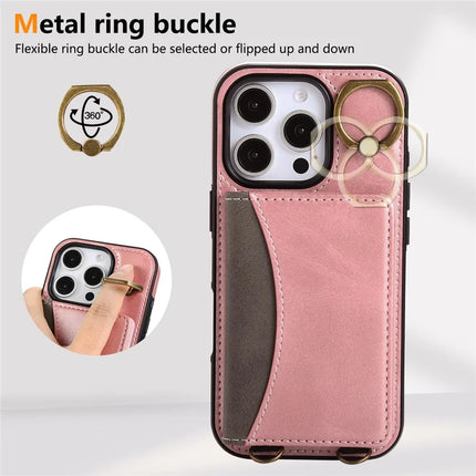 For iPhone 16 Pro Max PU Leather Back Case Card Holder Kickstand Phone Cover with Wrist Strap