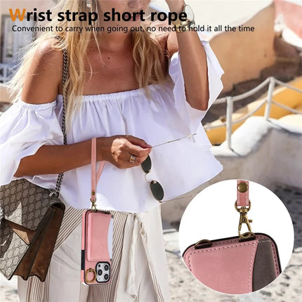 For iPhone 16 Pro Max PU Leather Back Case Card Holder Kickstand Phone Cover with Wrist Strap