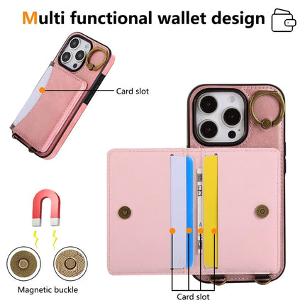 For iPhone 16 Pro Max PU Leather Back Case Card Holder Kickstand Phone Cover with Wrist Strap