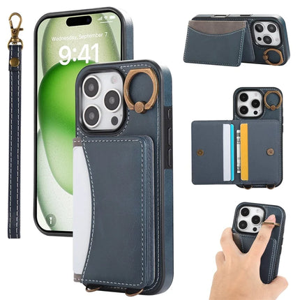 For iPhone 16 Pro Max PU Leather Back Case Card Holder Kickstand Phone Cover with Wrist Strap - Blue