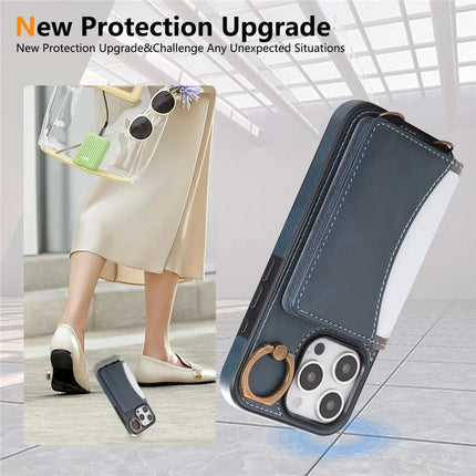 For iPhone 16 Pro Max PU Leather Back Case Card Holder Kickstand Phone Cover with Wrist Strap