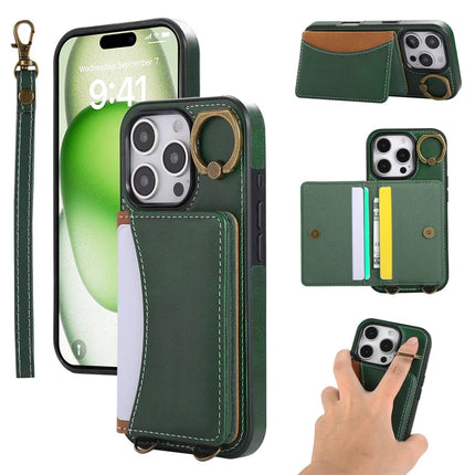 For iPhone 16 Pro Max PU Leather Back Case Card Holder Kickstand Phone Cover with Wrist Strap - Green