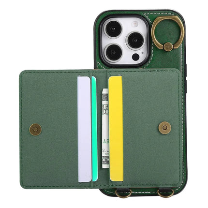 For iPhone 16 Pro Max PU Leather Back Case Card Holder Kickstand Phone Cover with Wrist Strap