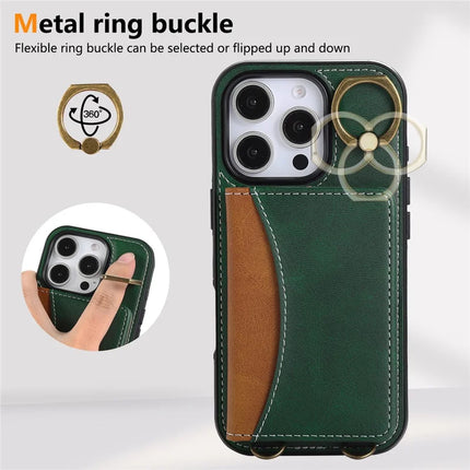 For iPhone 16 Pro Max PU Leather Back Case Card Holder Kickstand Phone Cover with Wrist Strap