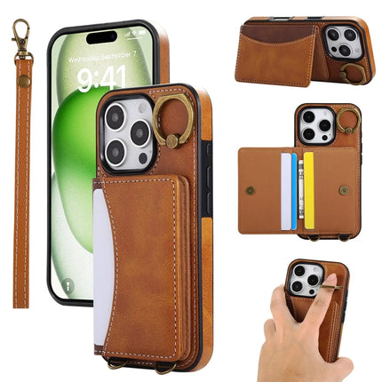 For iPhone 16 Pro Max PU Leather Back Case Card Holder Kickstand Phone Cover with Wrist Strap - Brown