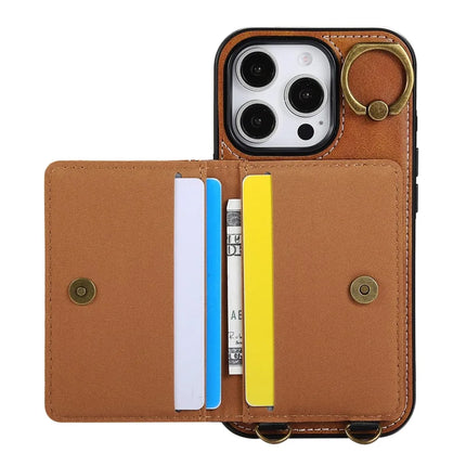 For iPhone 16 Pro Max PU Leather Back Case Card Holder Kickstand Phone Cover with Wrist Strap