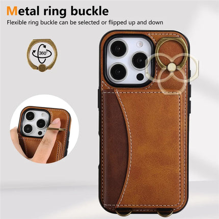 For iPhone 16 Pro Max PU Leather Back Case Card Holder Kickstand Phone Cover with Wrist Strap
