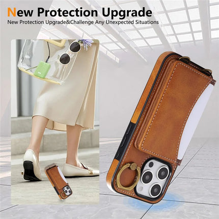 For iPhone 16 Pro Max PU Leather Back Case Card Holder Kickstand Phone Cover with Wrist Strap
