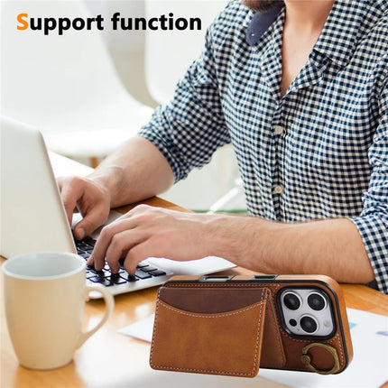 For iPhone 16 Pro Max PU Leather Back Case Card Holder Kickstand Phone Cover with Wrist Strap