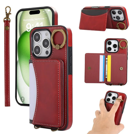 For iPhone 16 Pro Max PU Leather Back Case Card Holder Kickstand Phone Cover with Wrist Strap - Red