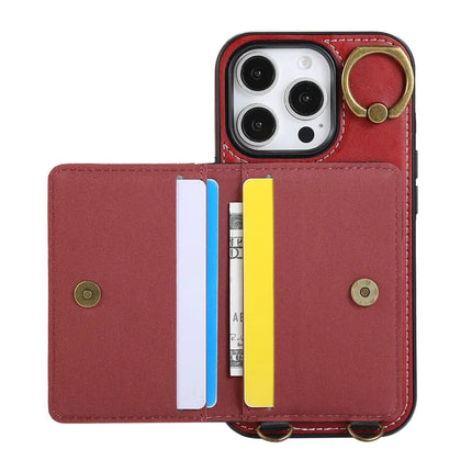 For iPhone 16 Pro Max PU Leather Back Case Card Holder Kickstand Phone Cover with Wrist Strap