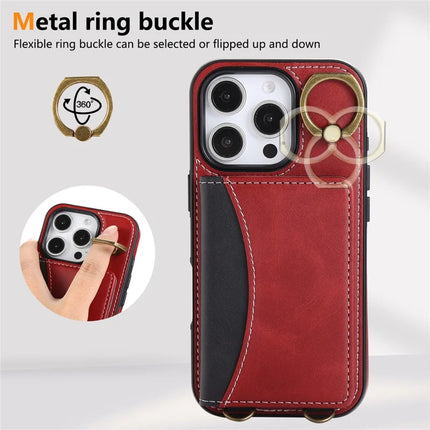 For iPhone 16 Pro Max PU Leather Back Case Card Holder Kickstand Phone Cover with Wrist Strap