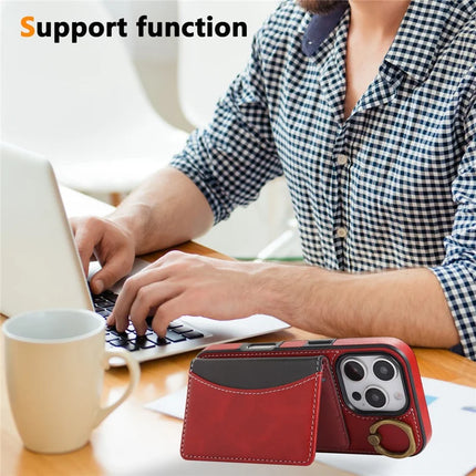 For iPhone 16 Pro Max PU Leather Back Case Card Holder Kickstand Phone Cover with Wrist Strap