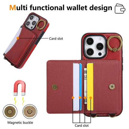 For iPhone 16 Pro Max PU Leather Back Case Card Holder Kickstand Phone Cover with Wrist Strap