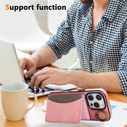 For iPhone 16 Pro PU Leather Back Case Card Holder Kickstand Phone Cover with Wrist Strap