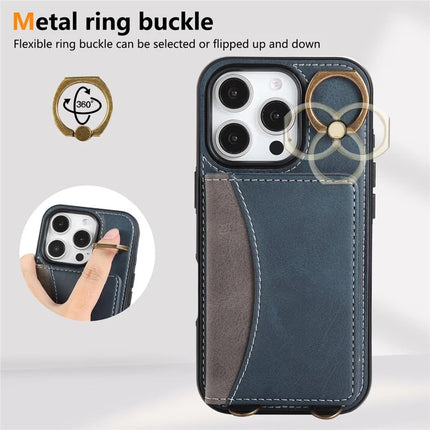 For iPhone 16 Pro PU Leather Back Case Card Holder Kickstand Phone Cover with Wrist Strap