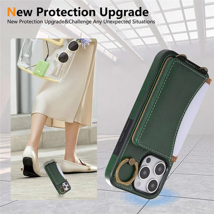 For iPhone 16 Pro PU Leather Back Case Card Holder Kickstand Phone Cover with Wrist Strap