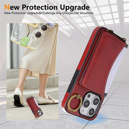For iPhone 16 Pro PU Leather Back Case Card Holder Kickstand Phone Cover with Wrist Strap